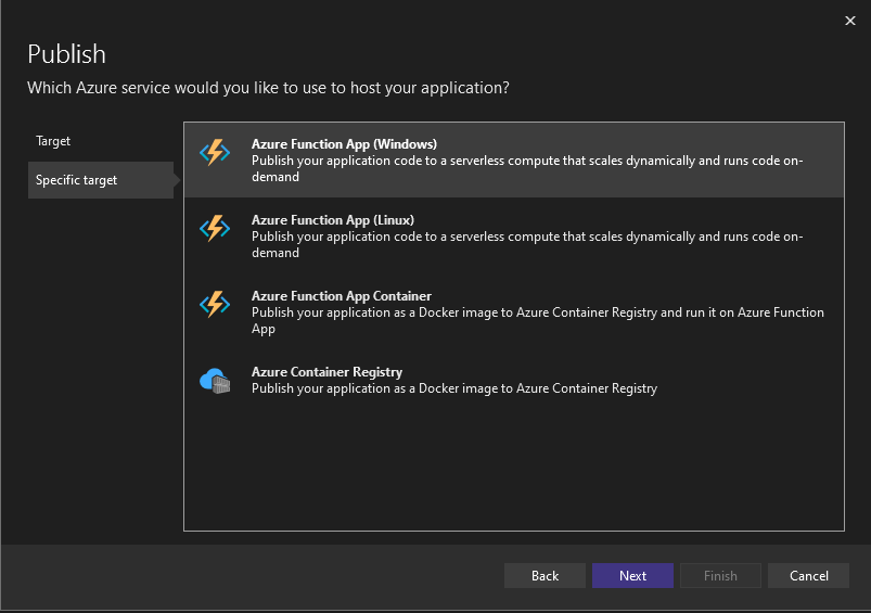 Uma captura de ecrã que mostra como escolher Azure Functions como um alvo de implementação específico.