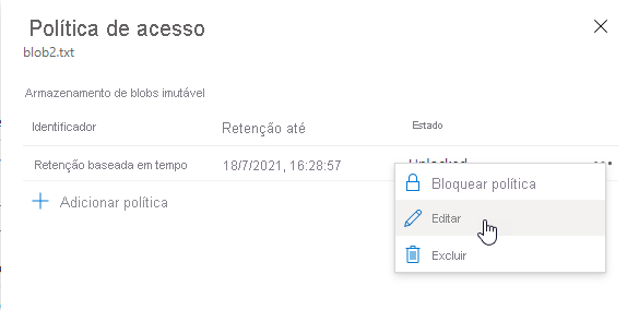 Captura de ecrã a mostrar como editar uma política de retenção baseada em tempo ao nível de versão existente no portal Azure