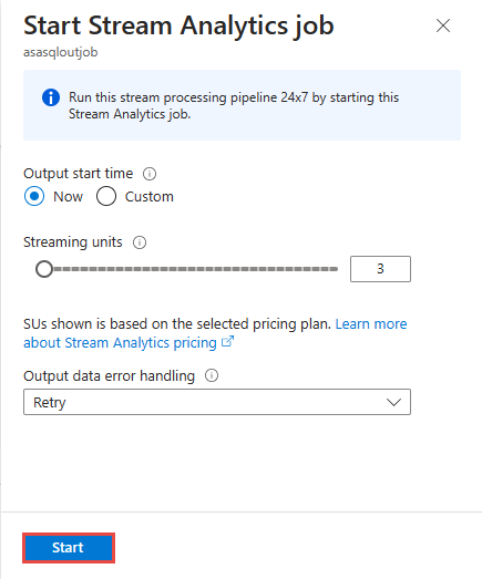 Captura de tela mostrando as opções de trabalho do Start Stream Analytics onde você pode alterar o tempo de saída, definir o número de unidades de streaming e selecionar as opções de tratamento de erros de dados de saída.