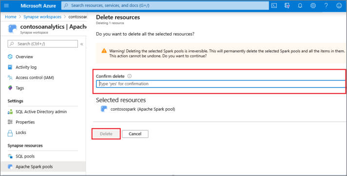 Captura de ecrã do portal do Azure da caixa de diálogo de confirmação para eliminar o pool do Apache Spark selecionado.