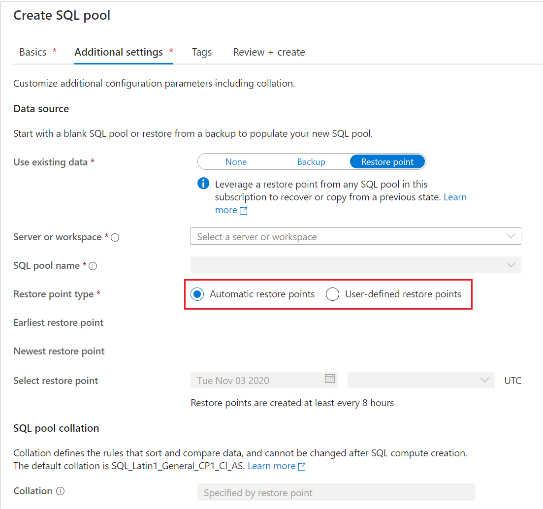 Captura de ecrã do portal do Azure, página Criar pool SQL, página Definições adicionais. Para Tipo de ponto de restauração, o botão de opção Pontos de restauro automáticos está selecionado.