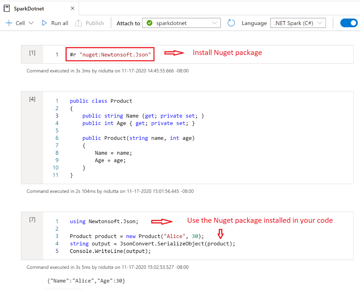 Captura de ecrã que mostra usar #r para instalar um pacote NuGet do notebook Spark .NET