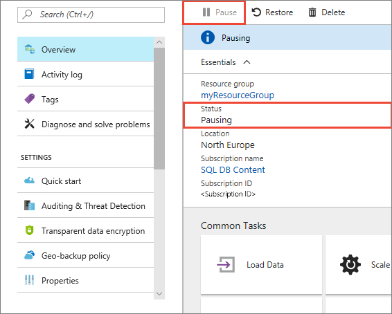 A captura de ecrã mostra o portal do Azure para um data warehouse de exemplo com um valor de Estado de Em Pausa.