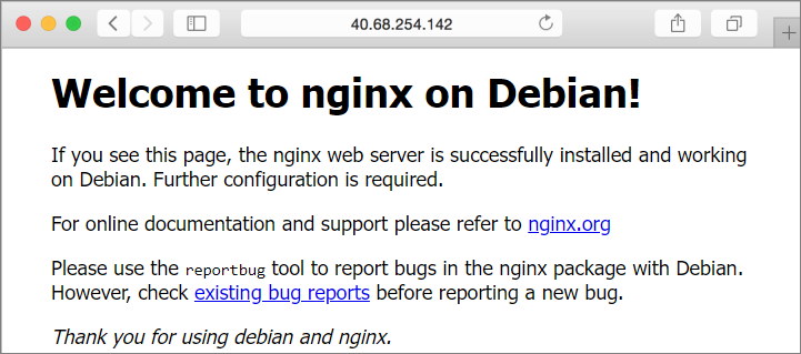 Captura de ecrã mostrando a página web predefinida do N G I N X.