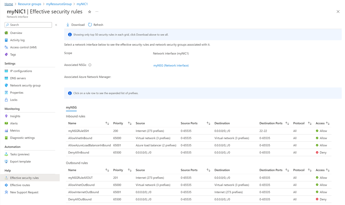 Captura de ecrã de regras de segurança eficazes.