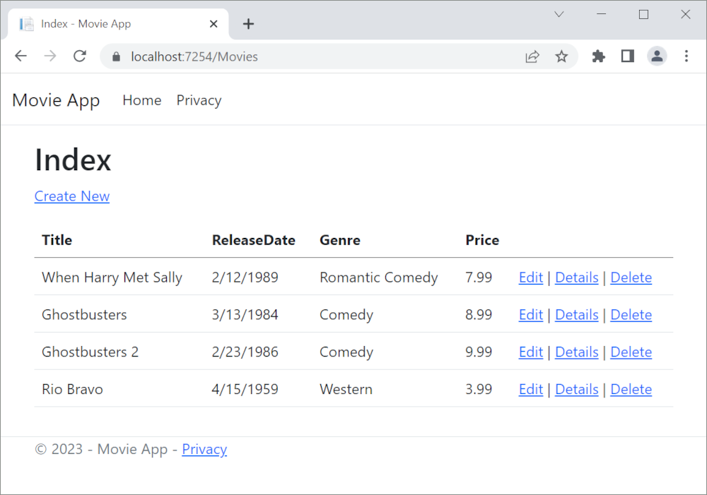 Aplicação MVC Movie aberta no Microsoft Edge a mostrar dados de filmes