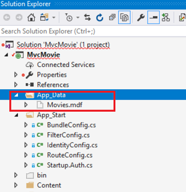 Captura de ecrã que mostra a janela do Explorador de Soluções. A pasta App Data e a subpasta Filmes ponto m d f estão circuladas a vermelho.