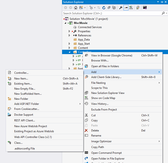 Captura de ecrã que mostra a janela do Explorador de Soluções. O menu de clique direito dos comandos e o submenu de Adicionar estão abertos.