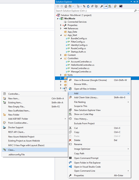 Captura de ecrã que mostra a janela do Explorador de Soluções. O menu de contexto da pasta Modelos e o submenu Adicionar estão abertos. Classe está selecionada.