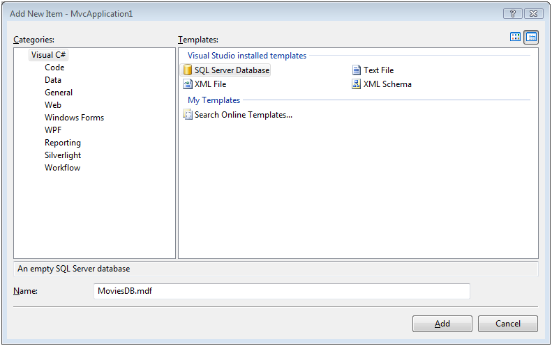 Adição de uma nova base de dados SQL Server