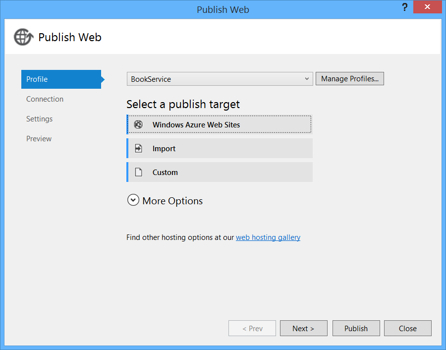 Captura de ecrã da caixa de diálogo Publicar Web, com o botão Perfil destacado em azul e o site BookService selecionado na lista suspensa.