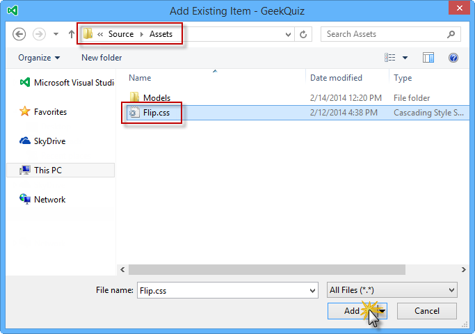 Adicionar o ficheiro Flip.css de Assets