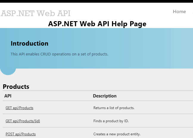 Captura de ecrã da página de ajuda do ASP.NET API, mostrando os produtos API disponíveis para escolher e as suas descrições.