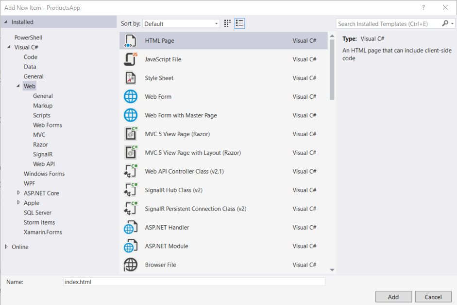 Captura de ecrã das opções do menu 'adicionar novo item', mostrando a seleção web e as opções disponíveis nela.