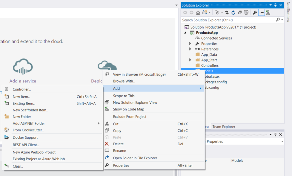 Captura de ecrã do menu do explorador de soluções, mostrando as opções localizadas na pasta de modelos que mostram como adicionar uma classe.