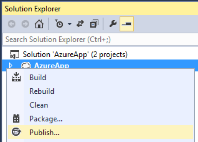 Captura de ecrã das opções do menu da janela do explorador de soluções, que destaca os passos a seguir para implementar ou publicar o projeto.