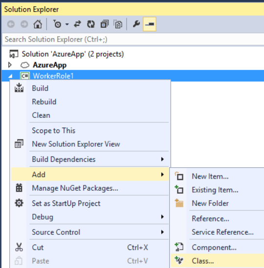 Captura de ecrã da janela do explorador de soluções, mostrando as opções do menu e destacando o caminho para adicionar uma classe.
