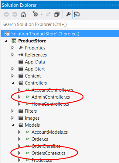 Captura de ecrã da vista de projeto do Solutions Explorer. AdminController.cs e OrdersContext.cs estão destacados.