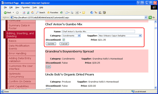 A interface de edição inclui uma TextBox, duas DropDownLists, e uma CheckBox