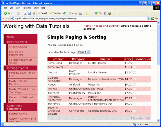 Captura de ecrã da janela Simple Paging & Sorting mostrando os resultados ordenados pela coluna Preço por ordem crescente.