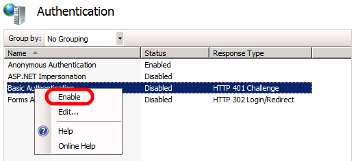 Clique com o botão direito em Autenticação Básica e depois clique em Ativar.