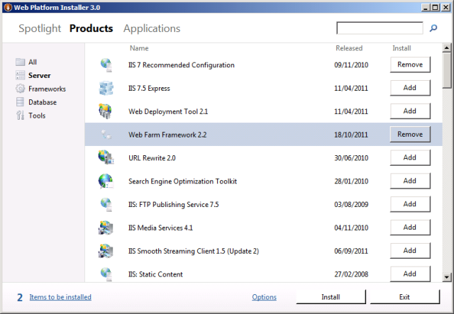 Na linha 2 do Web Farm Framework, clique em Adicionar.