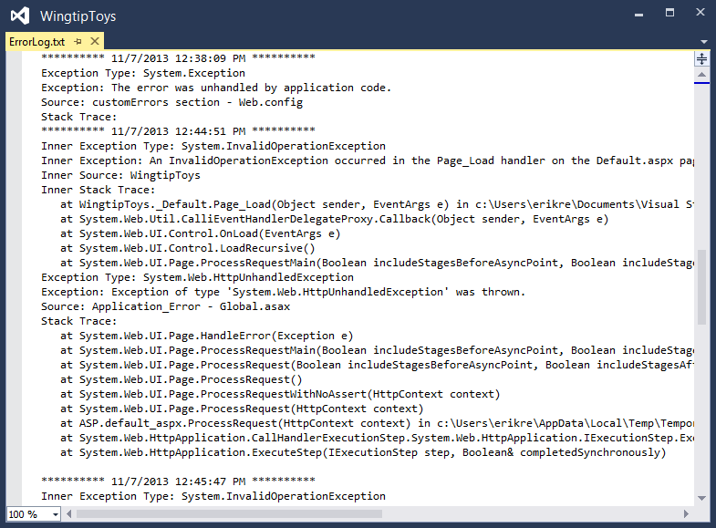 ASP.NET Gestão de Erros - ErrorLog.txt