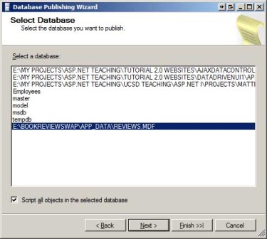 Captura de ecrã da janela do Assistente de Publicação de Bases de Dados, que mostra uma base de dados destacada na lista da base de dados e uma caixa de seleção preenchida com todos os objetos do Script.