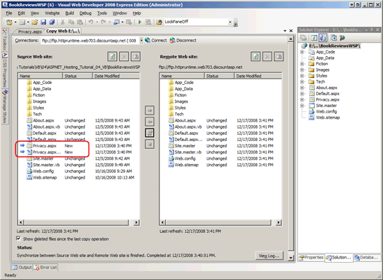 A ferramenta Copiar Site inclui a nova <code>Privacy.aspx</code> página no painel esquerdo