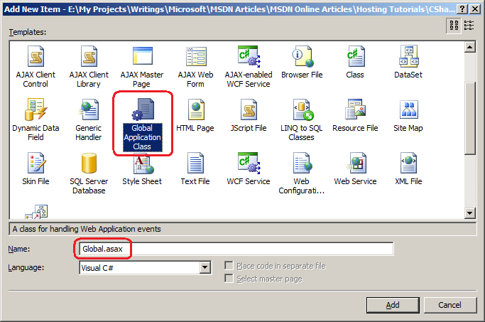 Captura de ecrã de adicionar um novo item à raiz do seu site usando o modelo Global Application Class com o nome Global.asax para criar este ficheiro no seu site.