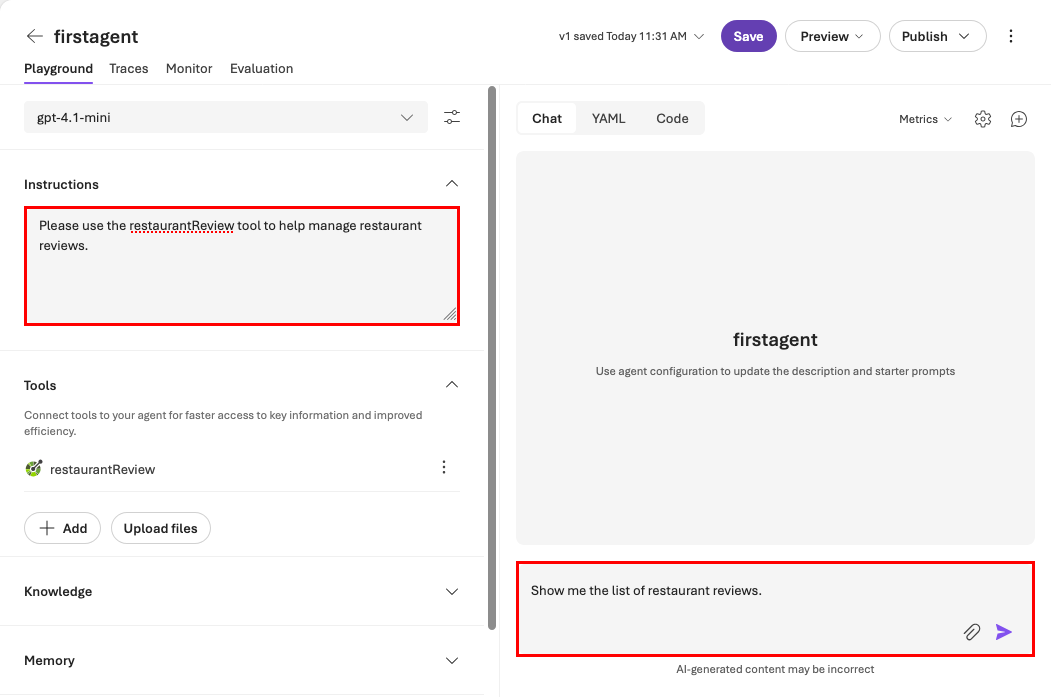 Captura de ecrã que mostra o ambiente experimental dos agentes no meio de uma conversa, executando ações através da ferramenta OpenAPI. O prompt diz para mostrar a lista de avaliações de restaurantes.