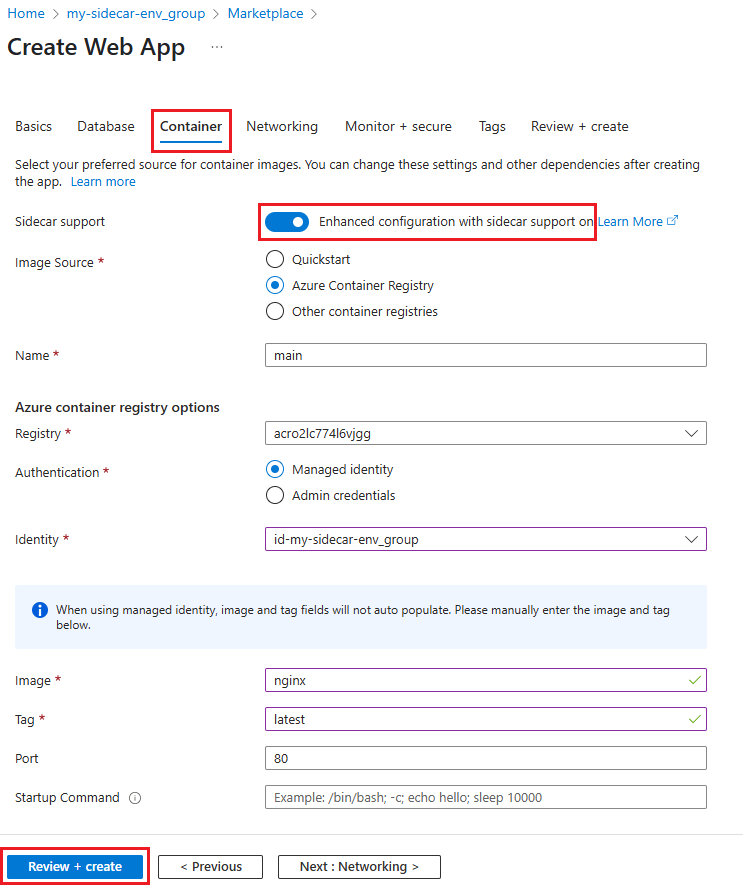 Captura de tela mostrando as configurações de contêiner para o aplicativo Web de contêiner personalizado do Linux.