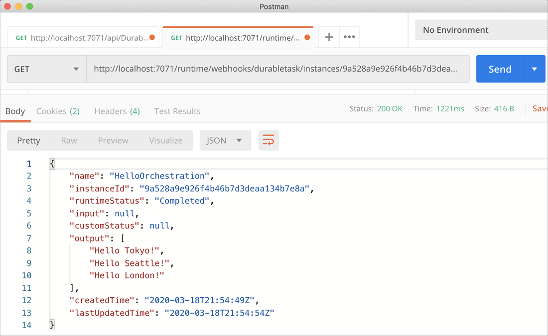 Captura de ecrã que mostra o código da aplicação Durable Functions no Visual Studio Code.