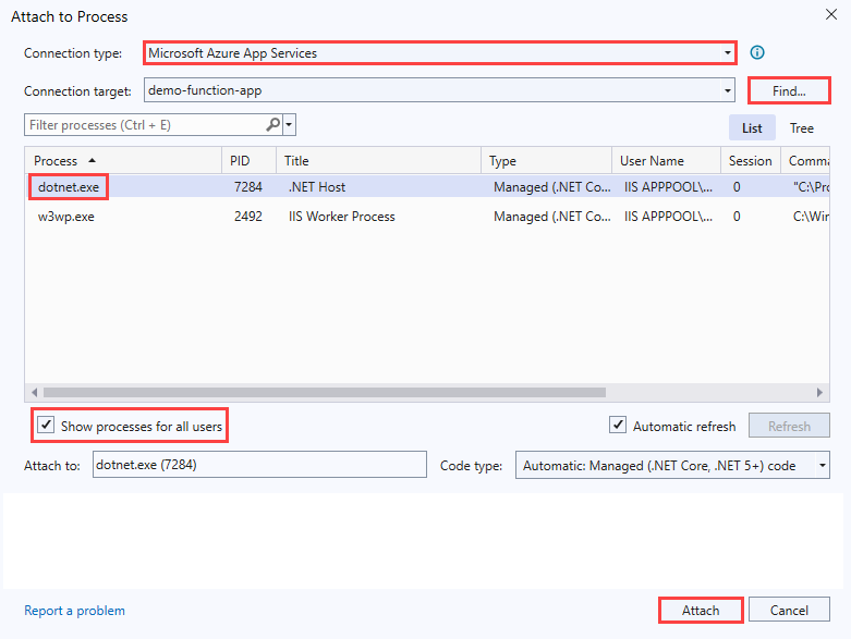 Captura de ecrã da caixa de diálogo Anexar ao Processo. O tipo de conexão é Serviços de Aplicativo do Microsoft Azure. Na tabela de processos, dotnet.exe está selecionado.