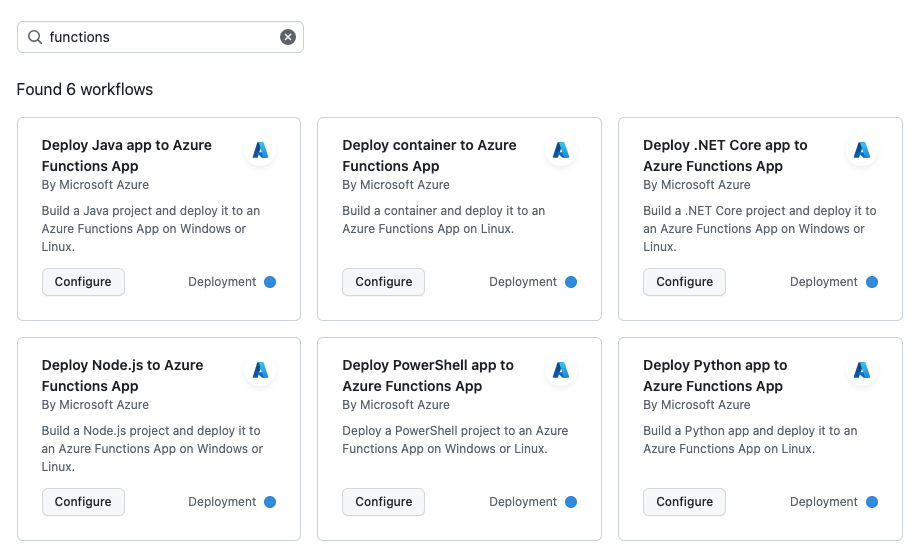 Captura de ecrã de pesquisa por modelos de funções do GitHub Actions. 