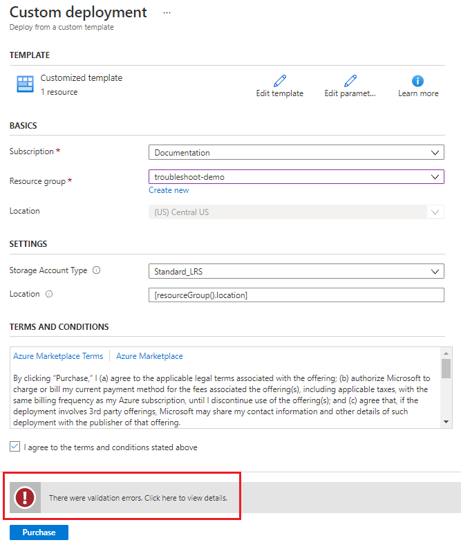 Captura de ecrã de um erro de validação no portal do Azure para uma tentativa de implementação de conta de armazenamento.