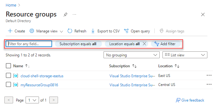 Captura de ecrã do portal do Azure a mostrar como procurar e filtrar grupos de Recursos do Azure.