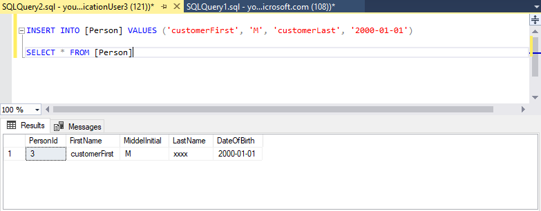 Captura de tela do SQL Server Management Studio (SSMS) mostrando uma instrução 'INSERT' e 'SELECT' simples. A instrução 'SELECT' exibe dados mascarados na coluna LastName.