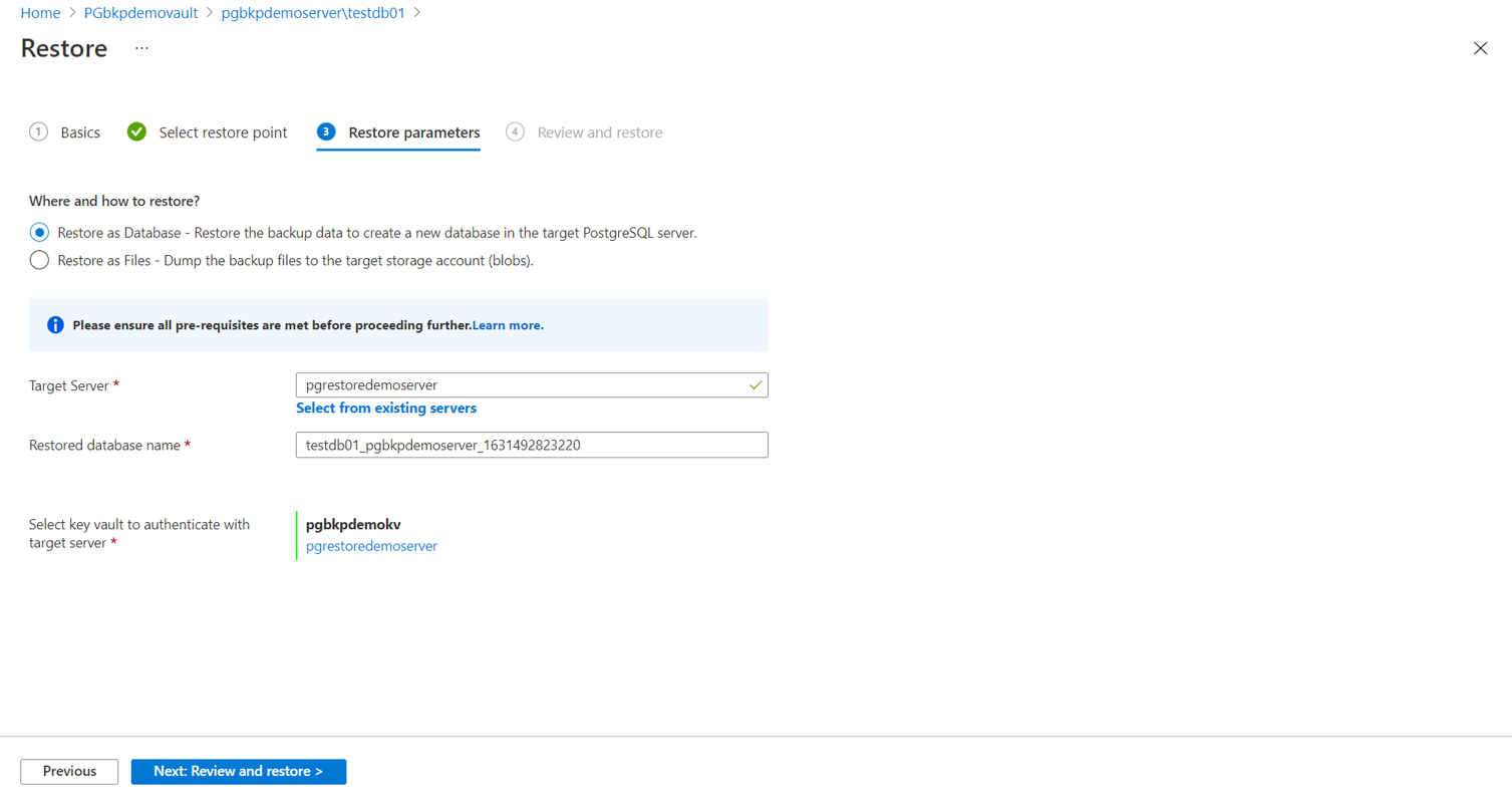 Captura de tela que mostra a opção selecionada para restaurar como um banco de dados.