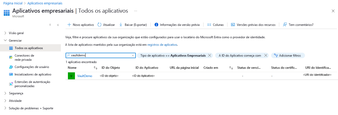 Captura de tela que mostra seleções para obter a ID do aplicativo da identidade de serviço gerenciado de um cofre de backup.