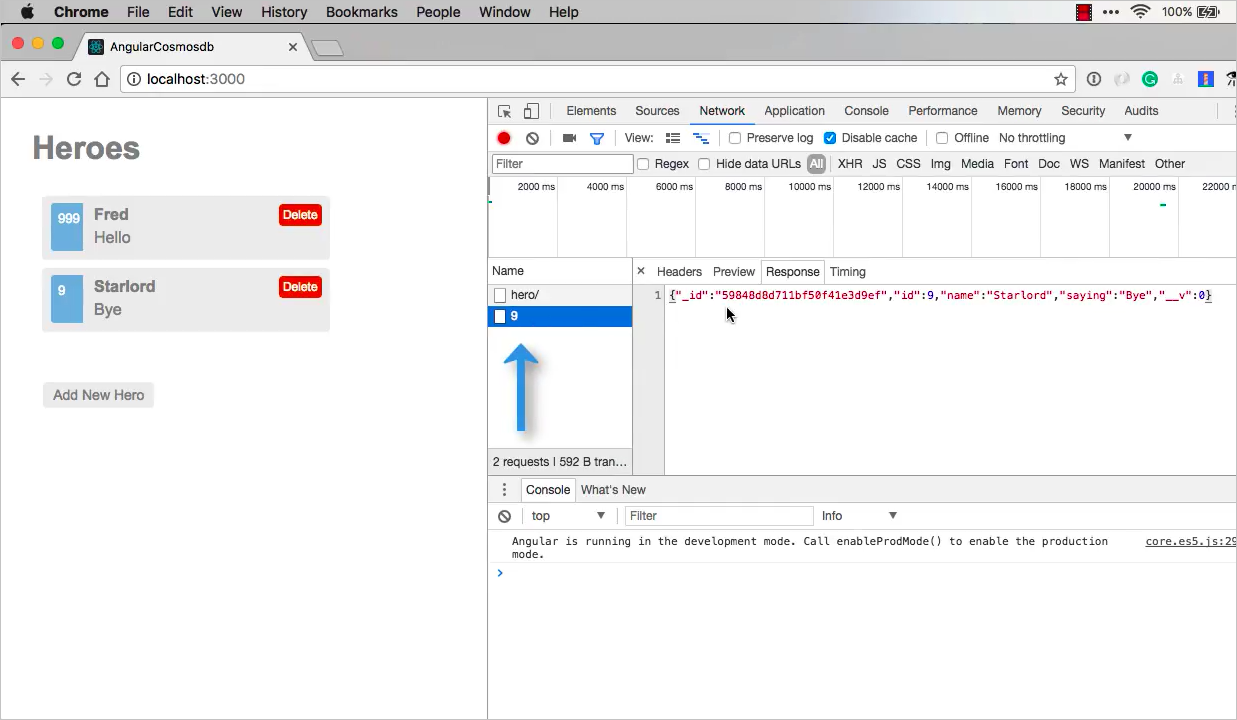 Aplicação Heroes e separador de rede mostrando o payload