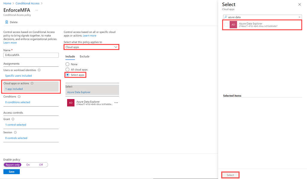 Captura de ecrã da secção aplicações na nuvem, mostrando a seleção da aplicação Azure Data Explorer.