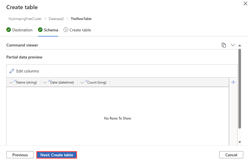 Captura de ecrã do assistente de criação de tabela vazia com introdução de esquema no Azure Data Explorer.