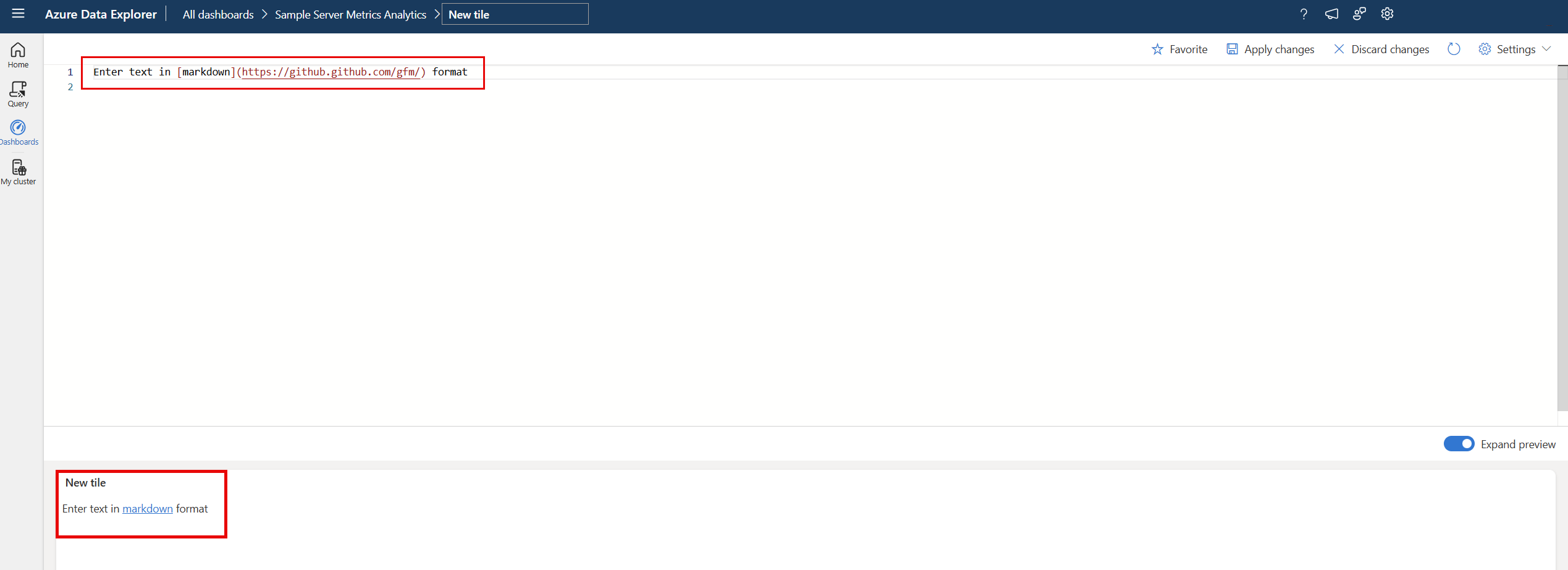 Captura de ecrã do painel de consulta mostrando a sintaxe de imagem no texto em markdown. 