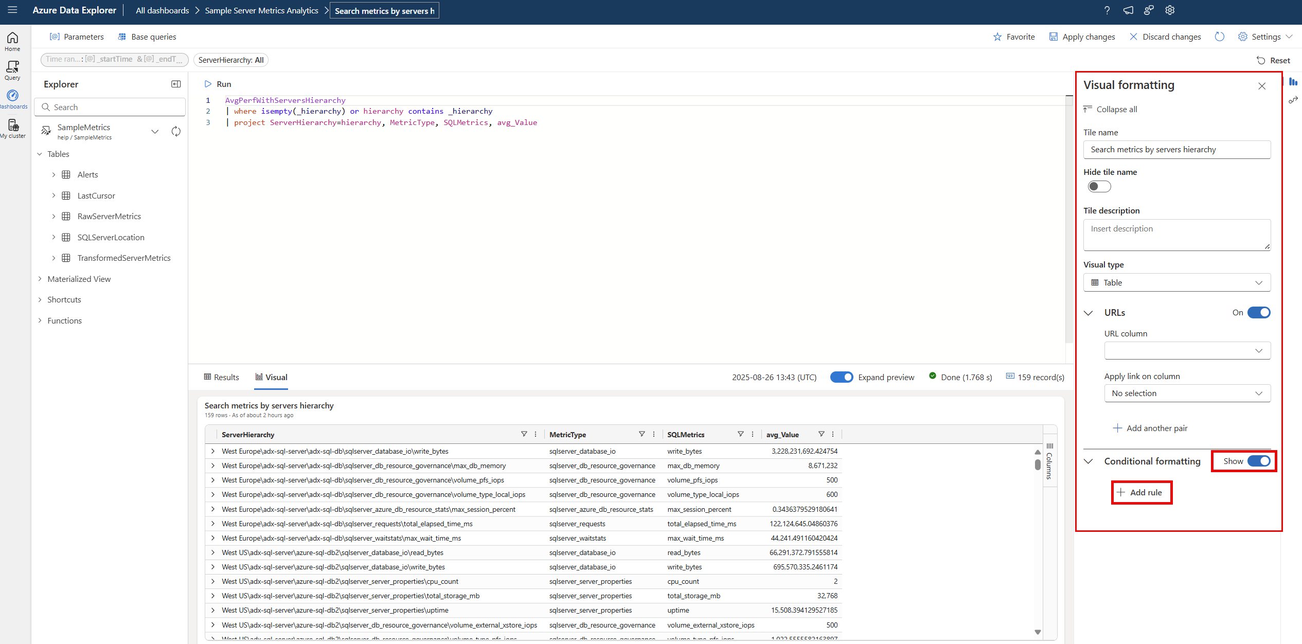 Captura de ecrã a mostrar a adição de formatação condicional em dashboards na IU Web do Azure Data Explorer.