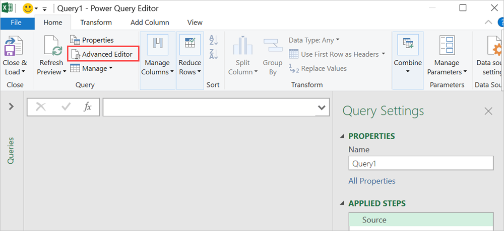 Captura de ecrã que mostra a janela do editor Power Query.