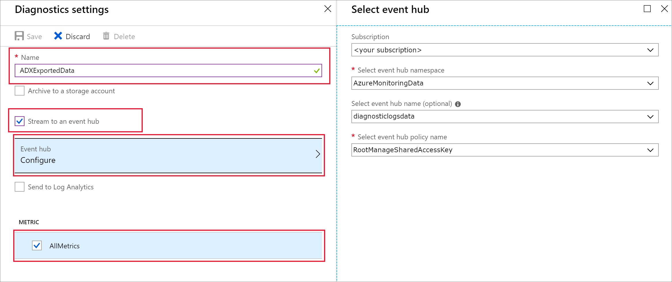 Painel de configurações de diagnóstico.
