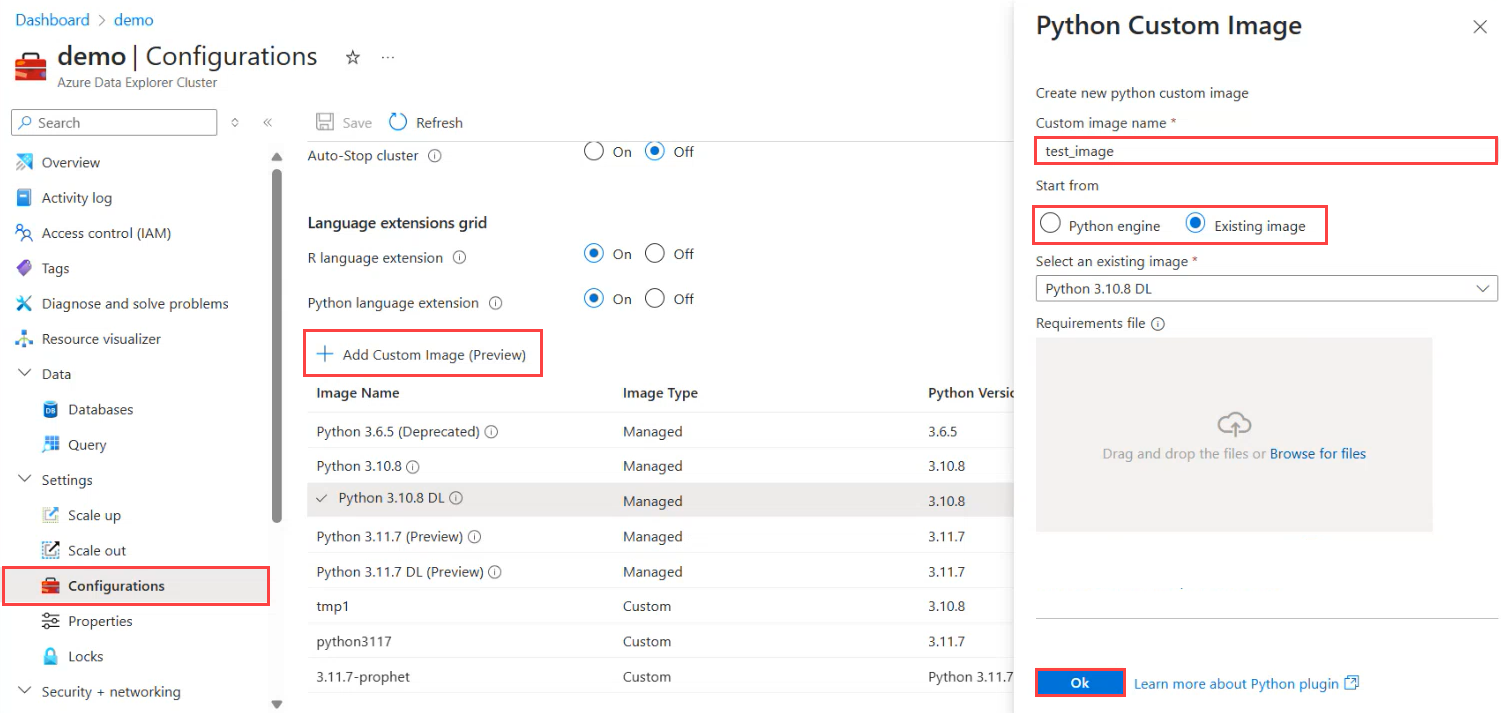 Captura de ecrã da página de configuração do cluster do Azure Data Explorer, mostrando o painel de criação de imagem personalizada.