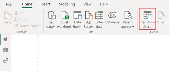 Captura de ecrã do separador Base no Power BI Desktop, com a opção do separador Base intitulada Transformar dados realçada.