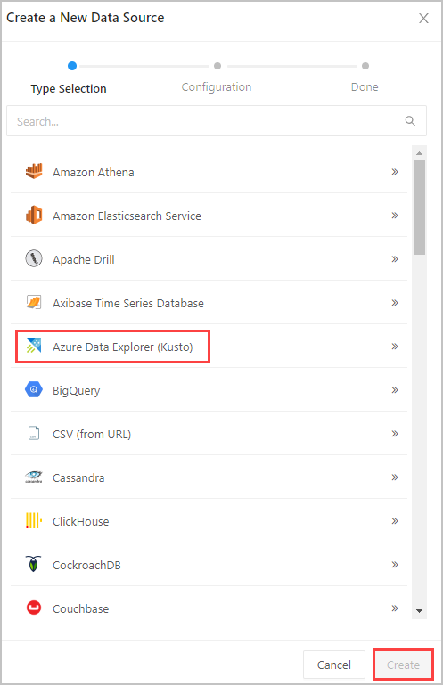 Selecione Fonte de dados do Azure Data Explorer.